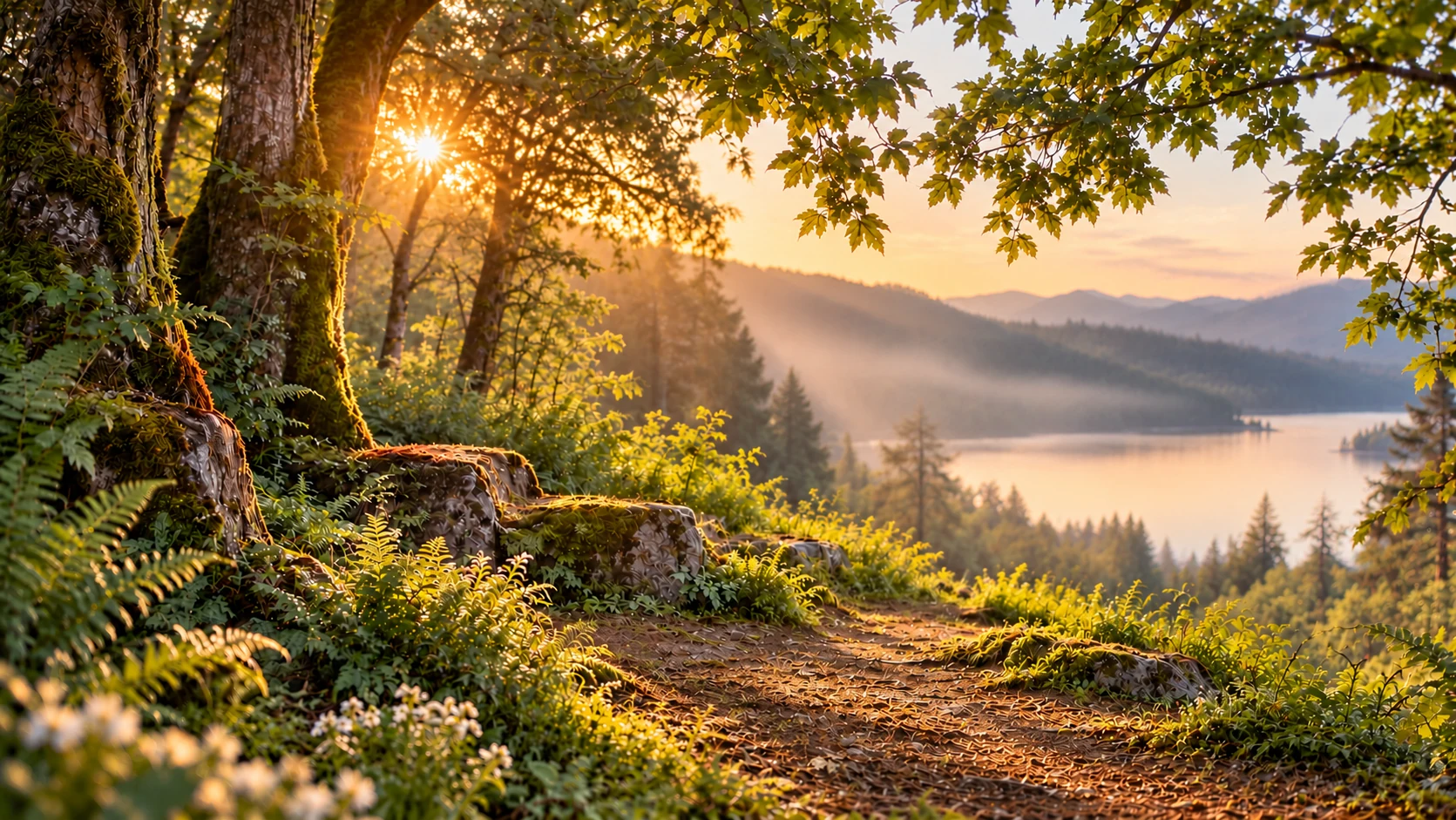 Misty lake and distant hills seen from a sunlit woodland overlook