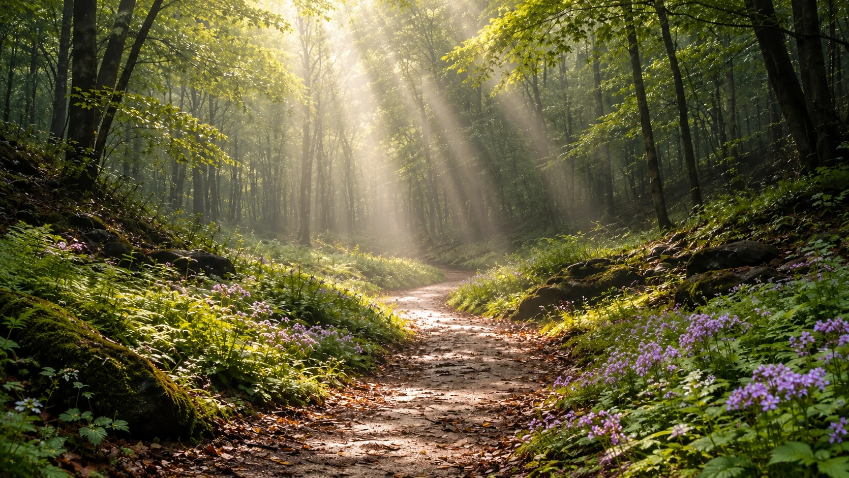 Quiet woodland path winding into golden sunlight beneath the trees