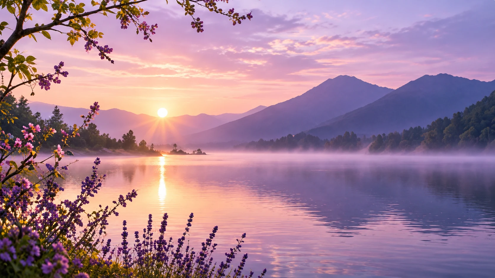 Still lavender lake at sunrise with soft mist, mountains and flowering branches